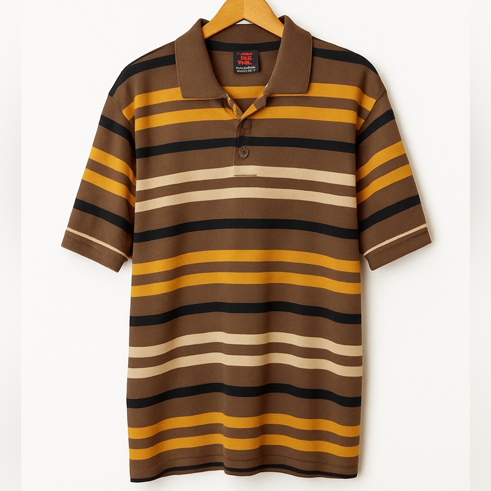Blac Lacquer Brown Striped Oversized Y2K Casual Polo Shirt Men’s Large